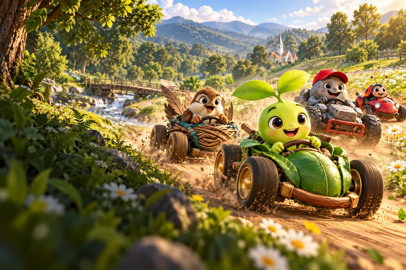 Little Sprouts friends race their karts through a sunlit meadow
